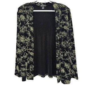 Vintage Made in Heaven M Black Lime Green Floral Slinky Travel Knit Cardigan